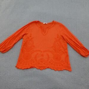 Lucky Brand Top Womens Medium Long Sleeve Cotton Linen Orange Embroidered Boho